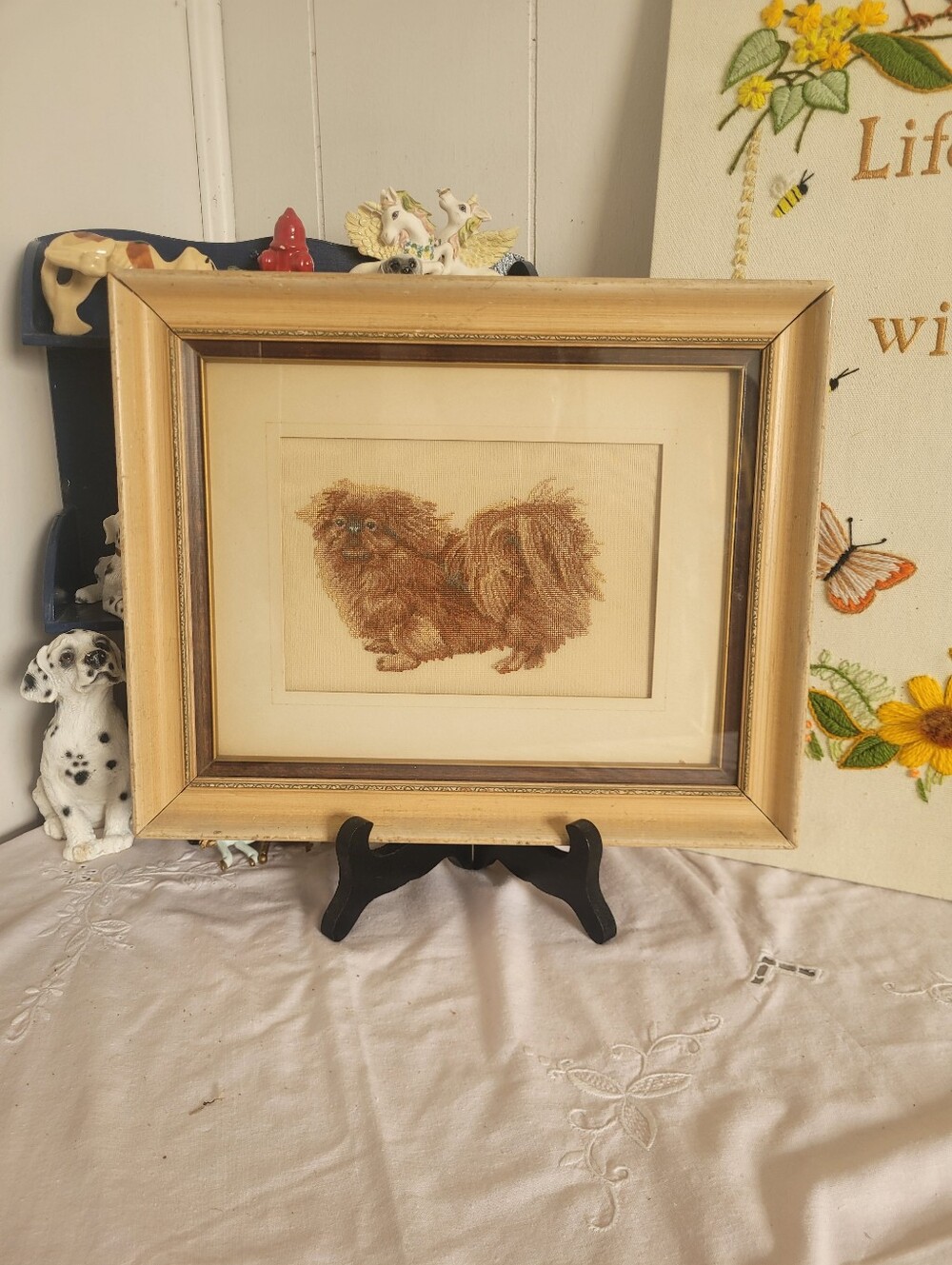 Vintage Framed Brown Pekingese Needlepoint Art Under Glass